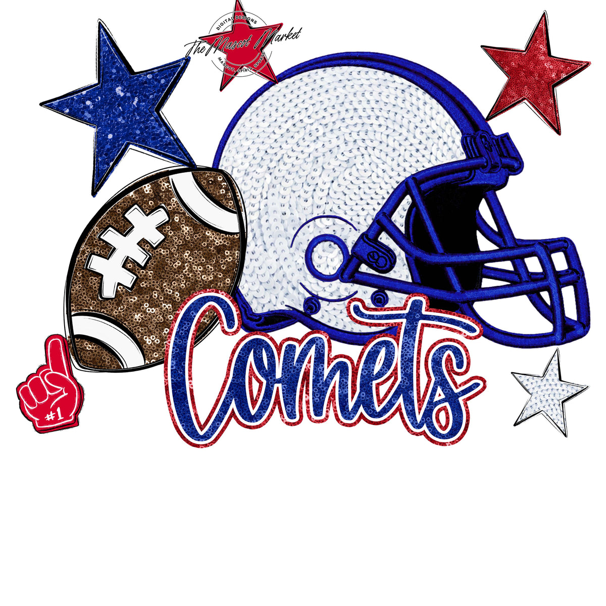 Comets Football Embroidered Sequins Design-Blue & Red