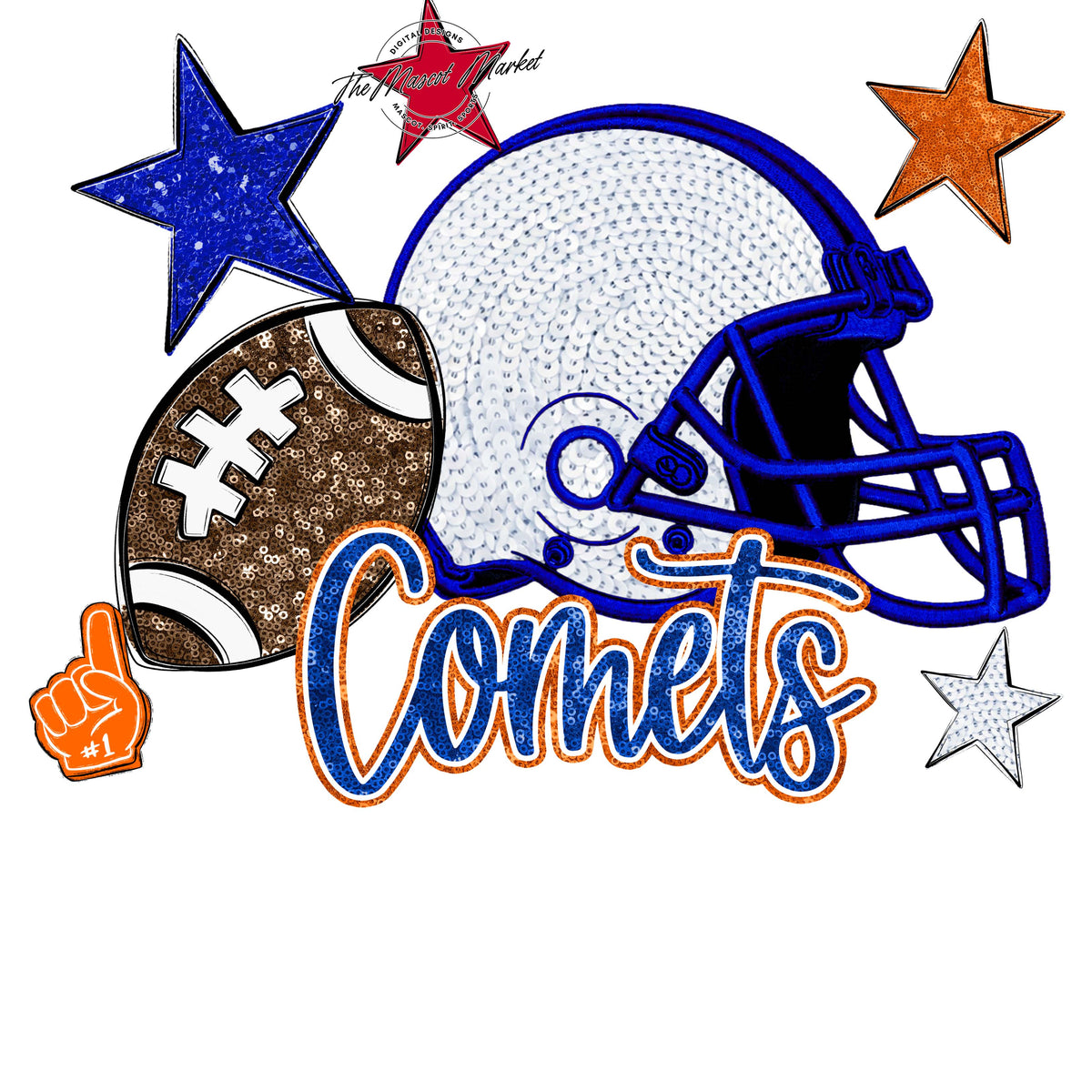 Comets Football Embroidered Sequins Design-Royal Blue & Orange