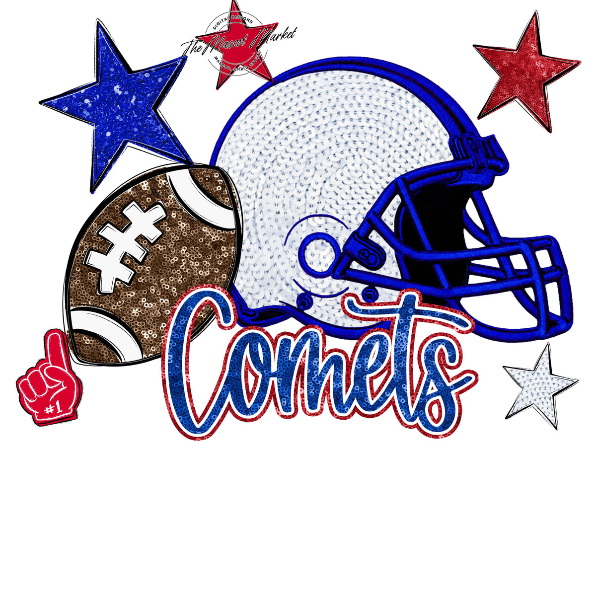 Comets Football Embroidered Sequins Design-Royal Blue & Red