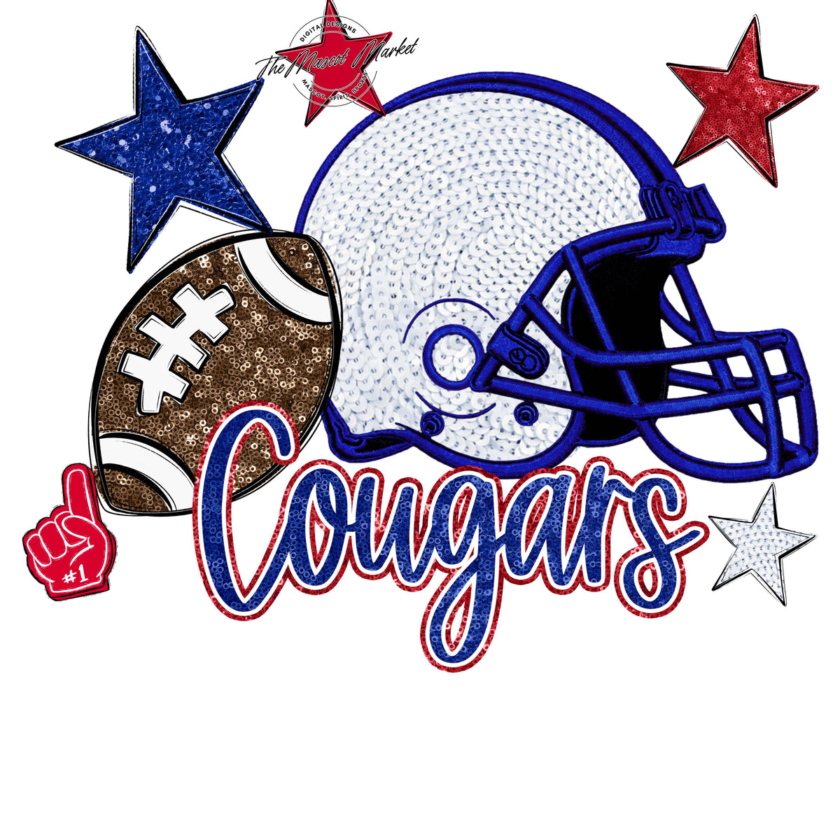 Cougars Football Embroidered Sequins Design-Blue & Red