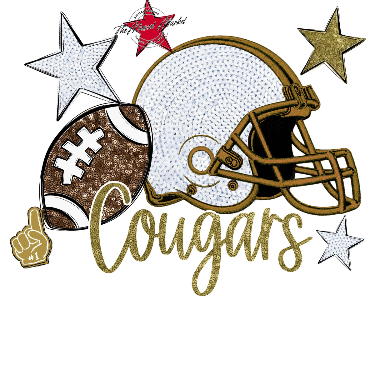 Cougars Football Embroidered Sequins Design-Gold