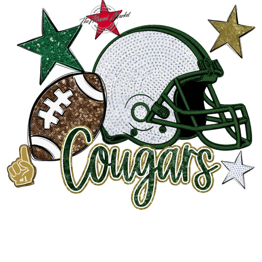 Cougars Football Embroidered Sequins Design-Green & Gold