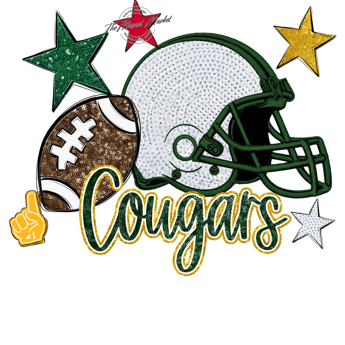 Cougars Football Embroidered Sequins Design-Green & Yellow