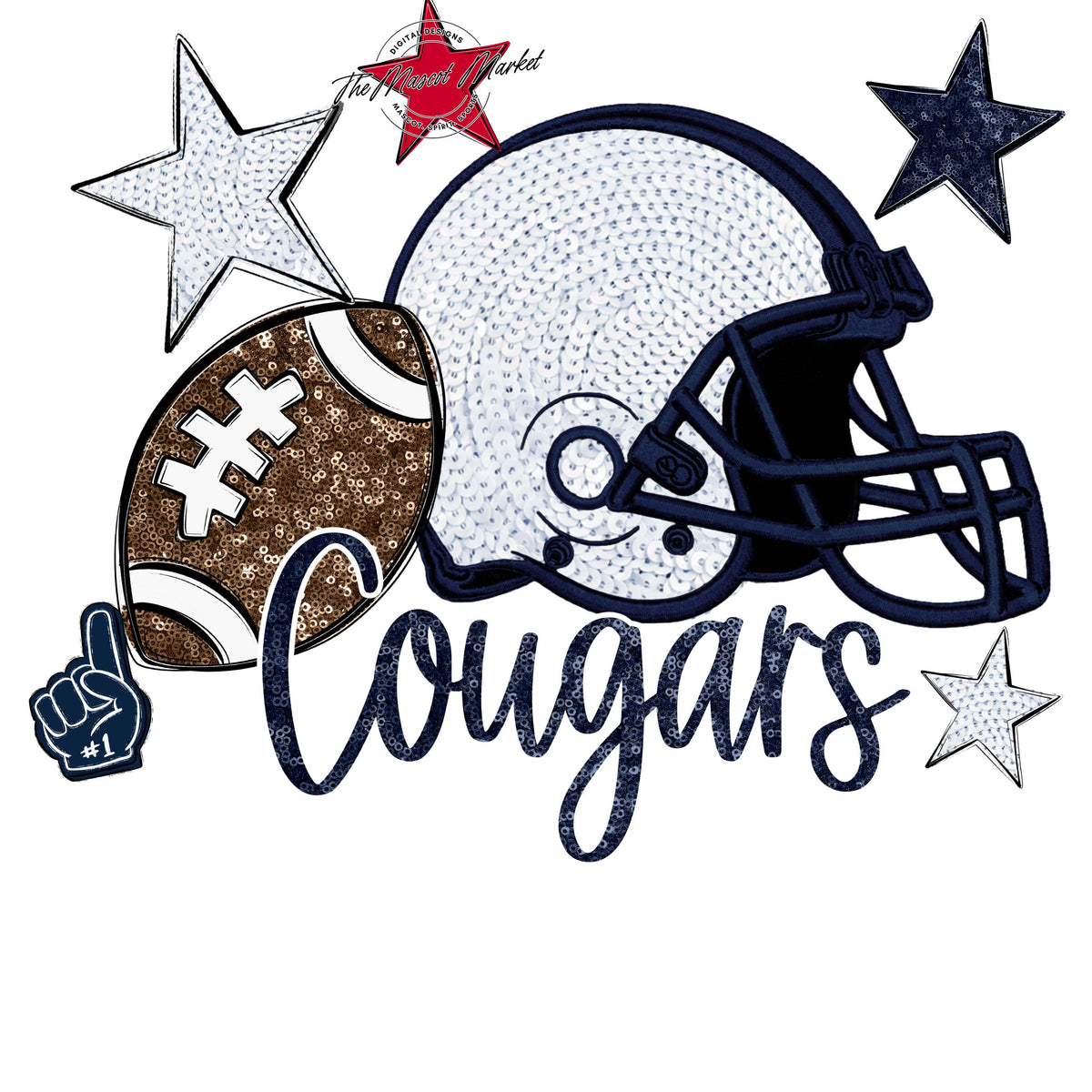 Cougars Football Embroidered Sequins Design-Navy