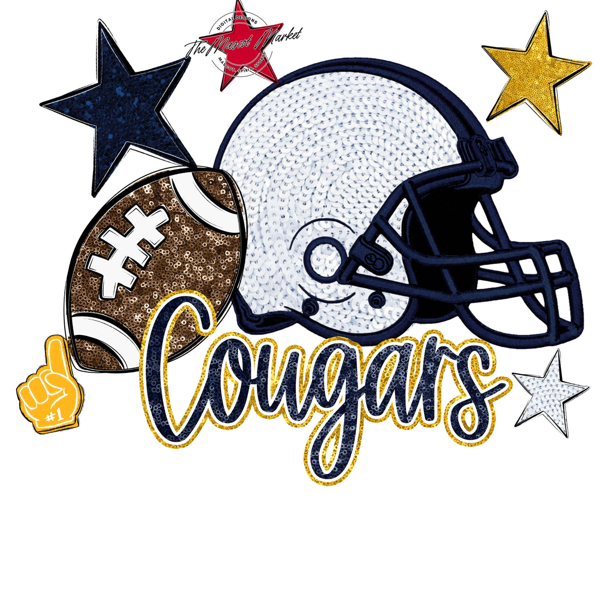 Cougars Football Embroidered Sequins Design-Navy & Yellow