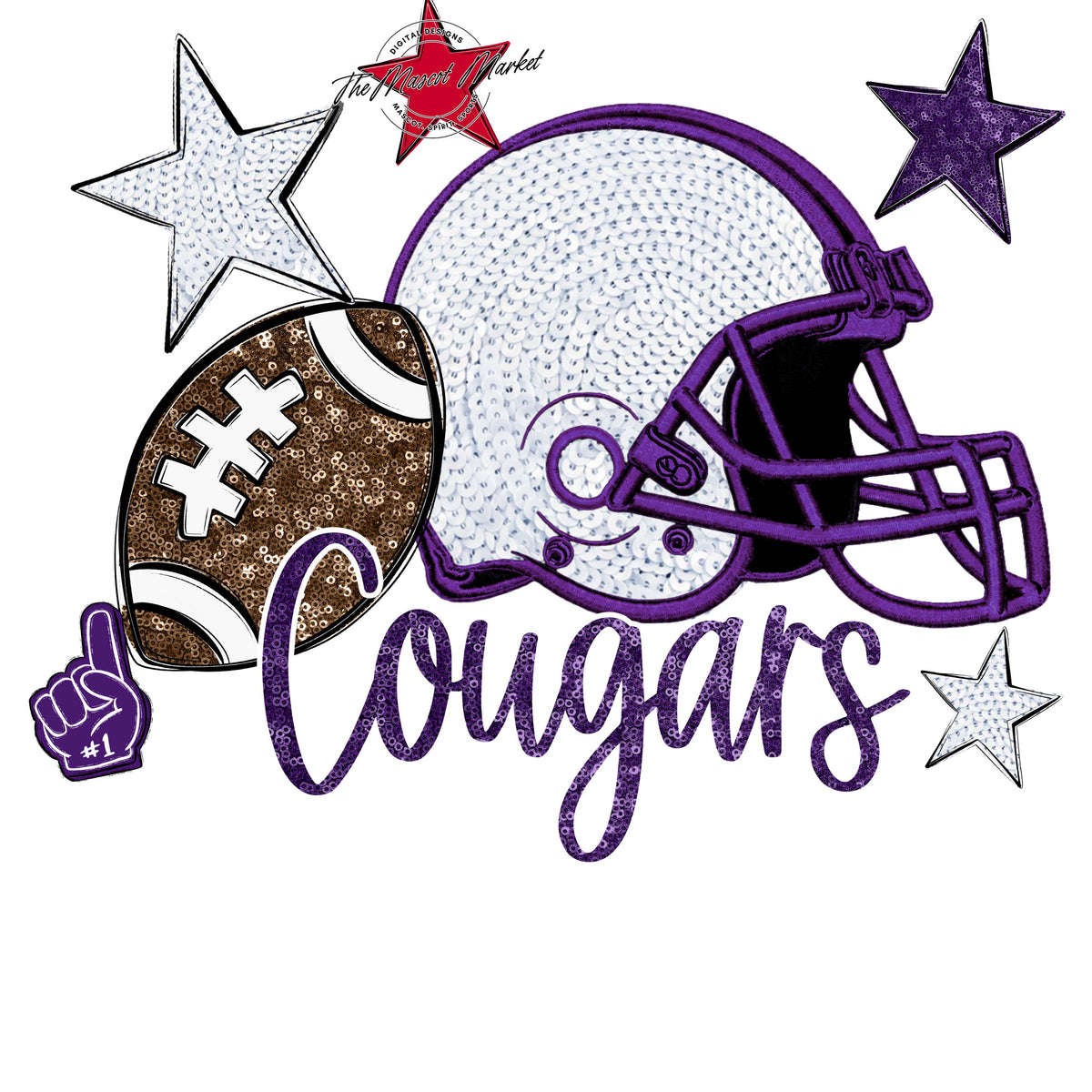 Cougars Football Embroidered Sequins Design-Purple