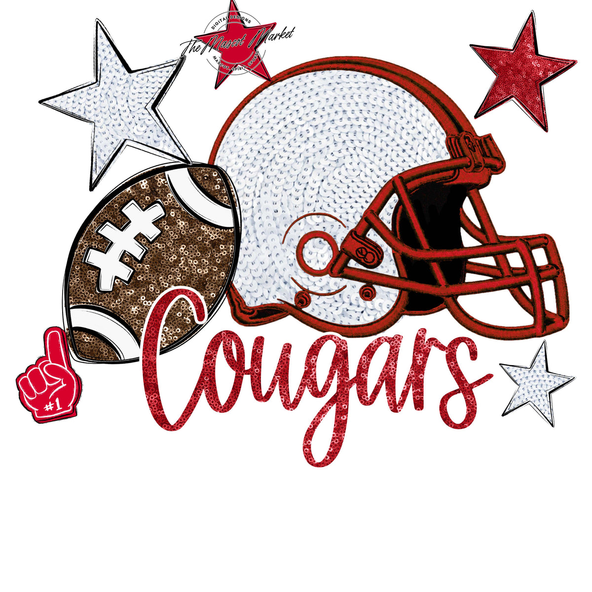 Cougars Football Embroidered Sequins Design-Red