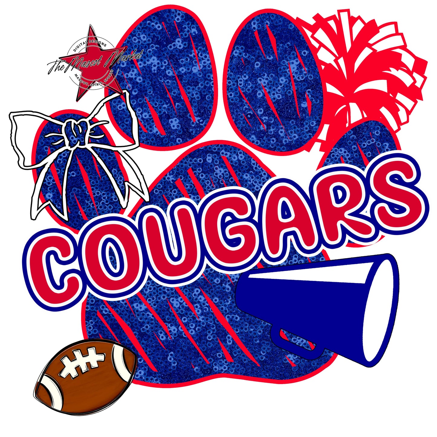 Cougars Sequins Paw Print Design-Blue & Red