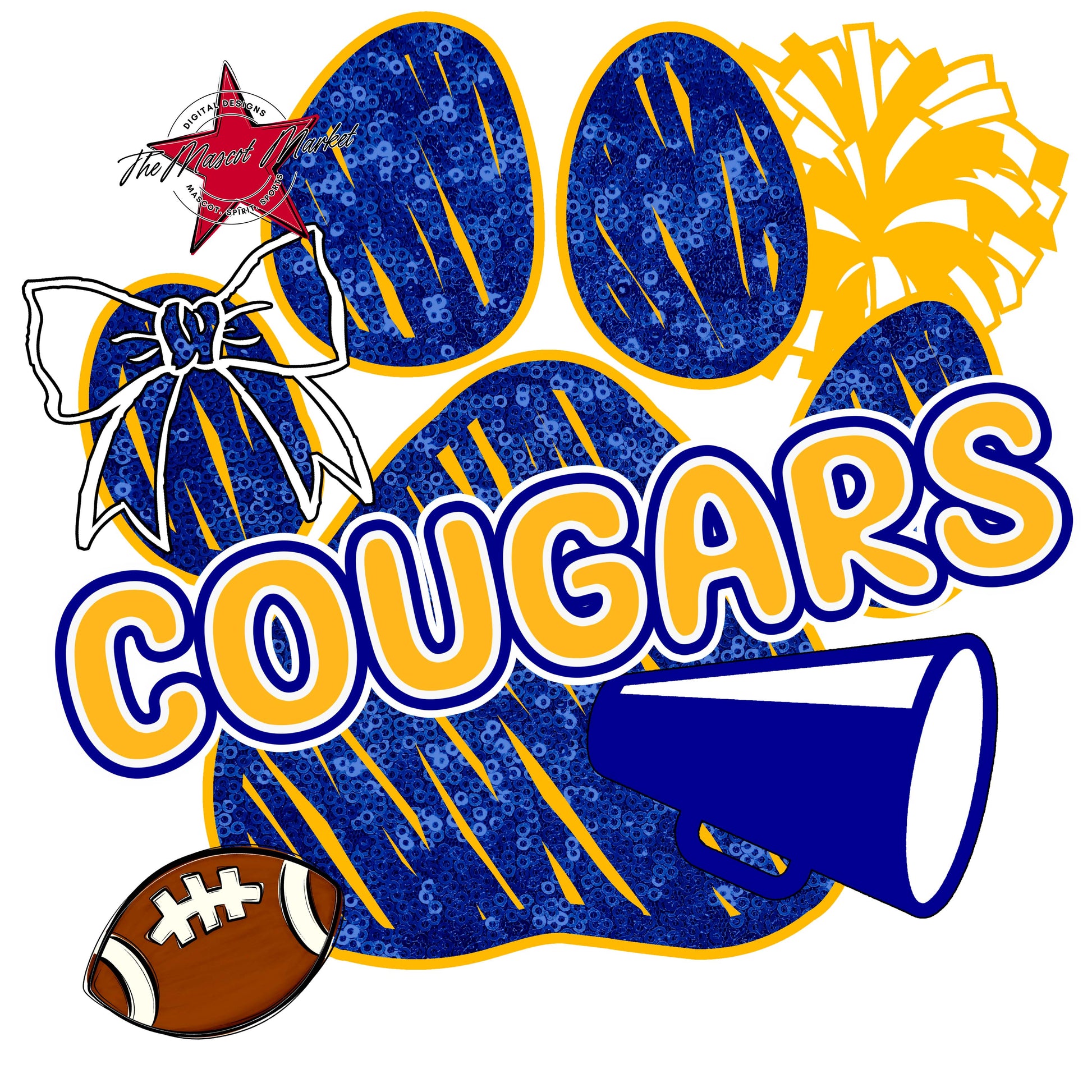 Cougars Sequins Paw Print Design-Blue & Yellow
