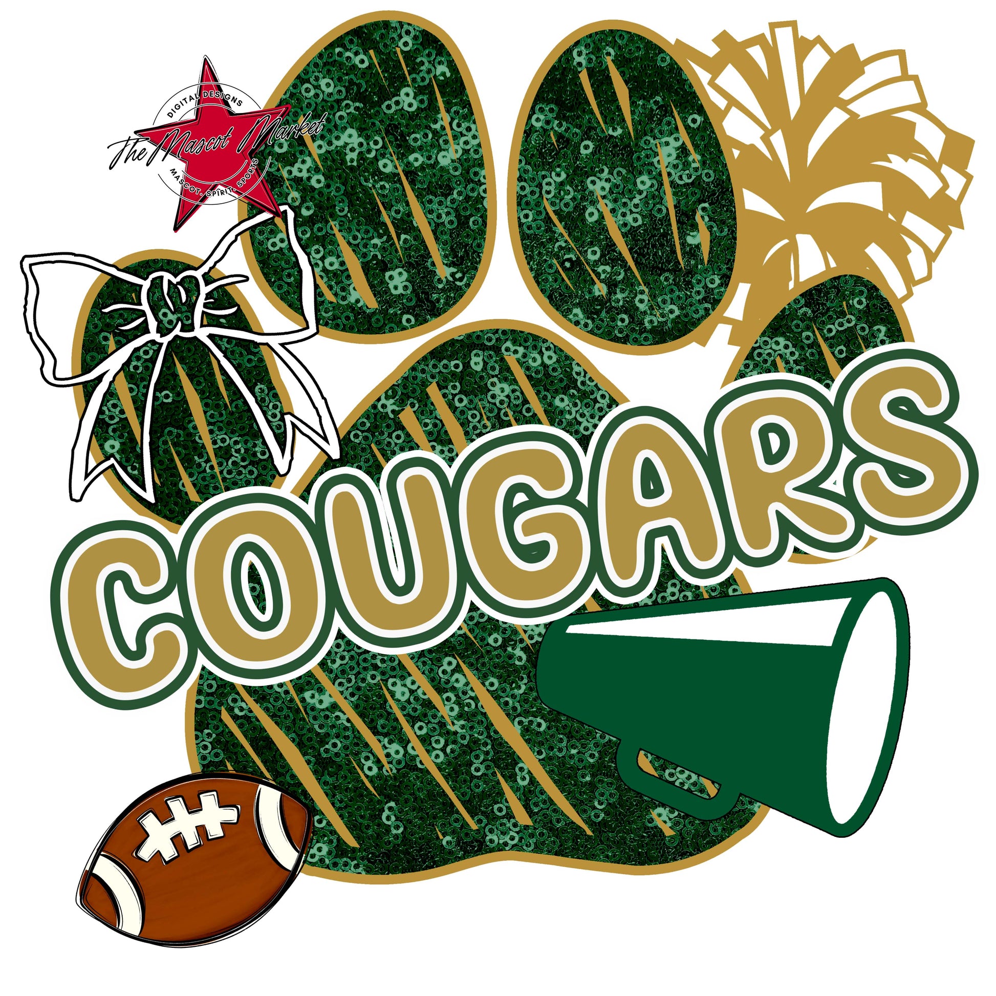 Cougars Sequins Paw Print Design-Green & Gold