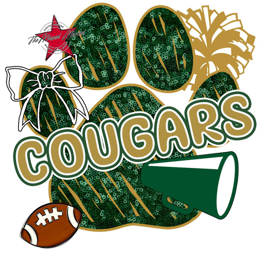 Cougars Sequins Paw Print Design-Green & Gold
