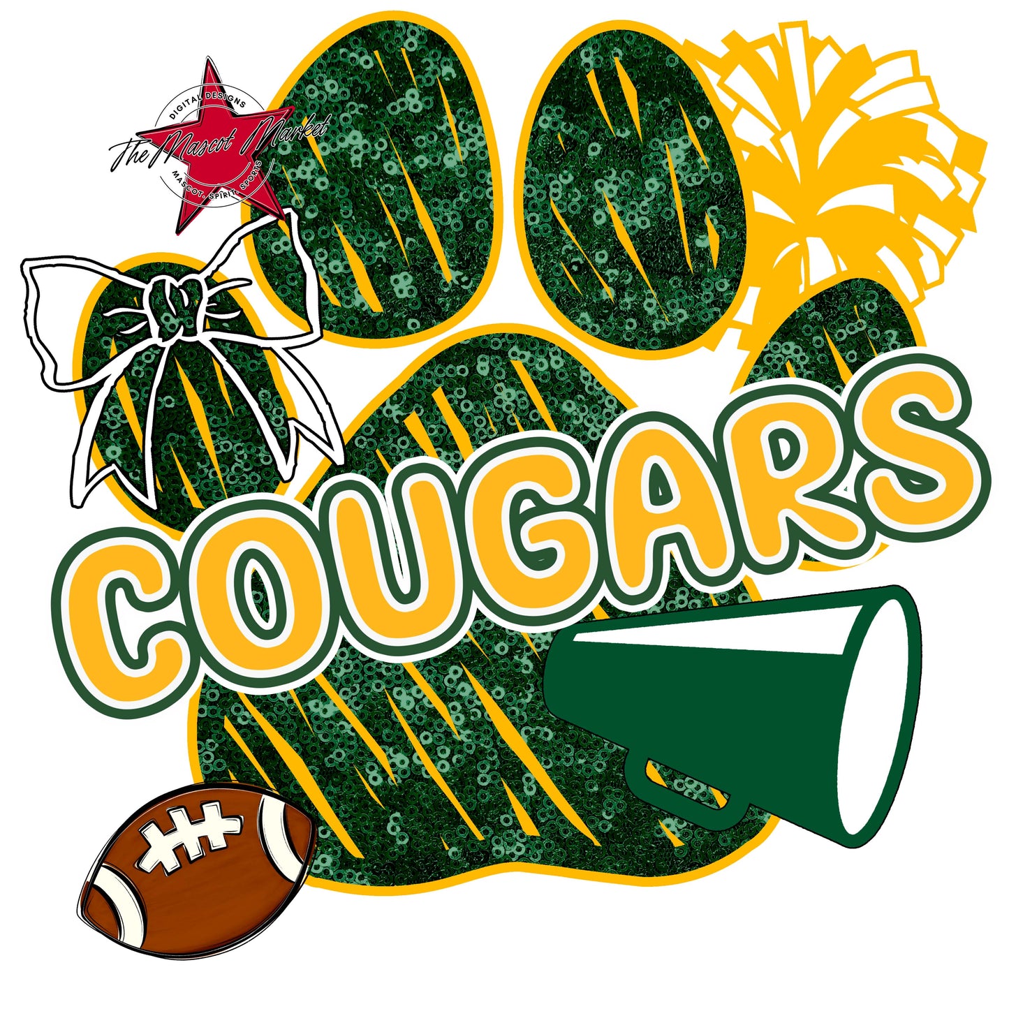 Cougars Sequins Paw Print Design-Green & Yellow