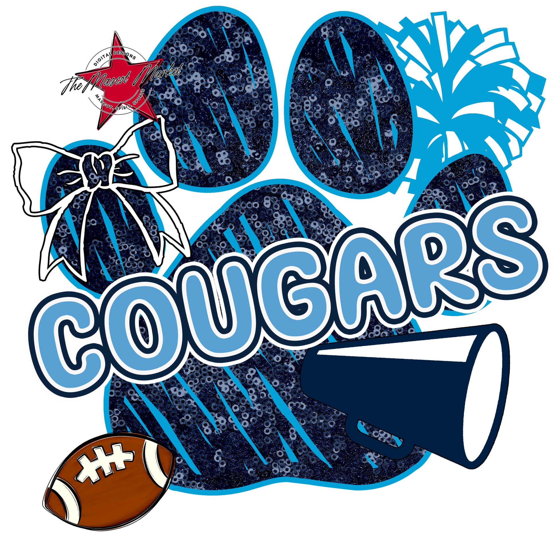 Cougars Sequins Paw Print Design-Navy & Carolina Blue
