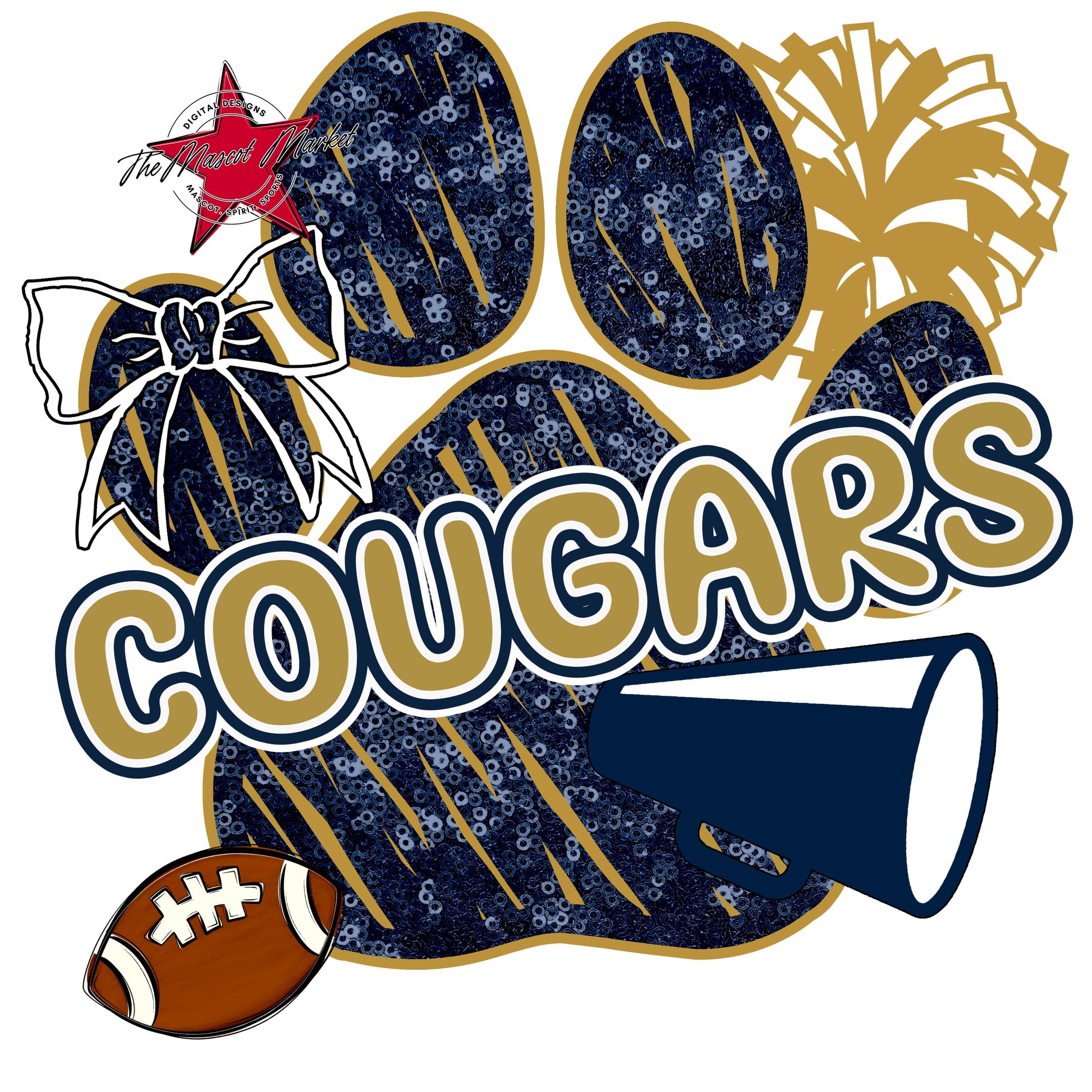 Cougars Sequins Paw Print Design-Navy & Gold