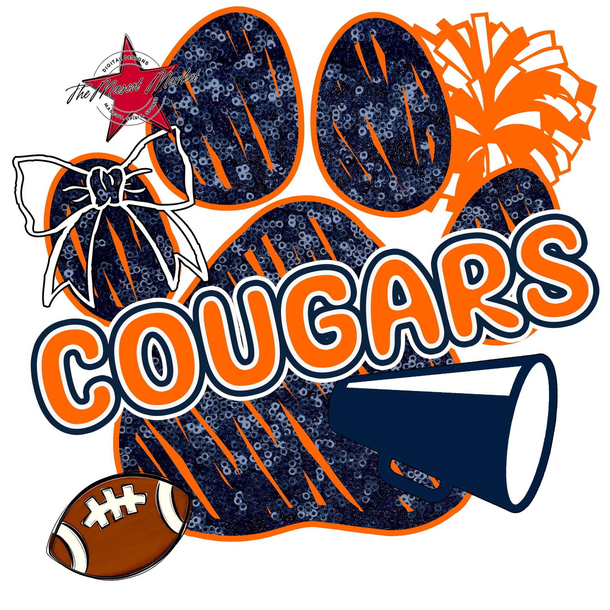 Cougars Sequins Paw Print Design-Navy & Orange