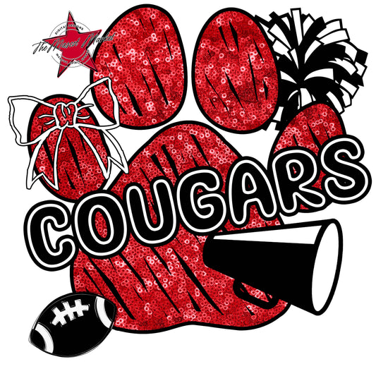 Cougars Sequins Paw Print Design-Red