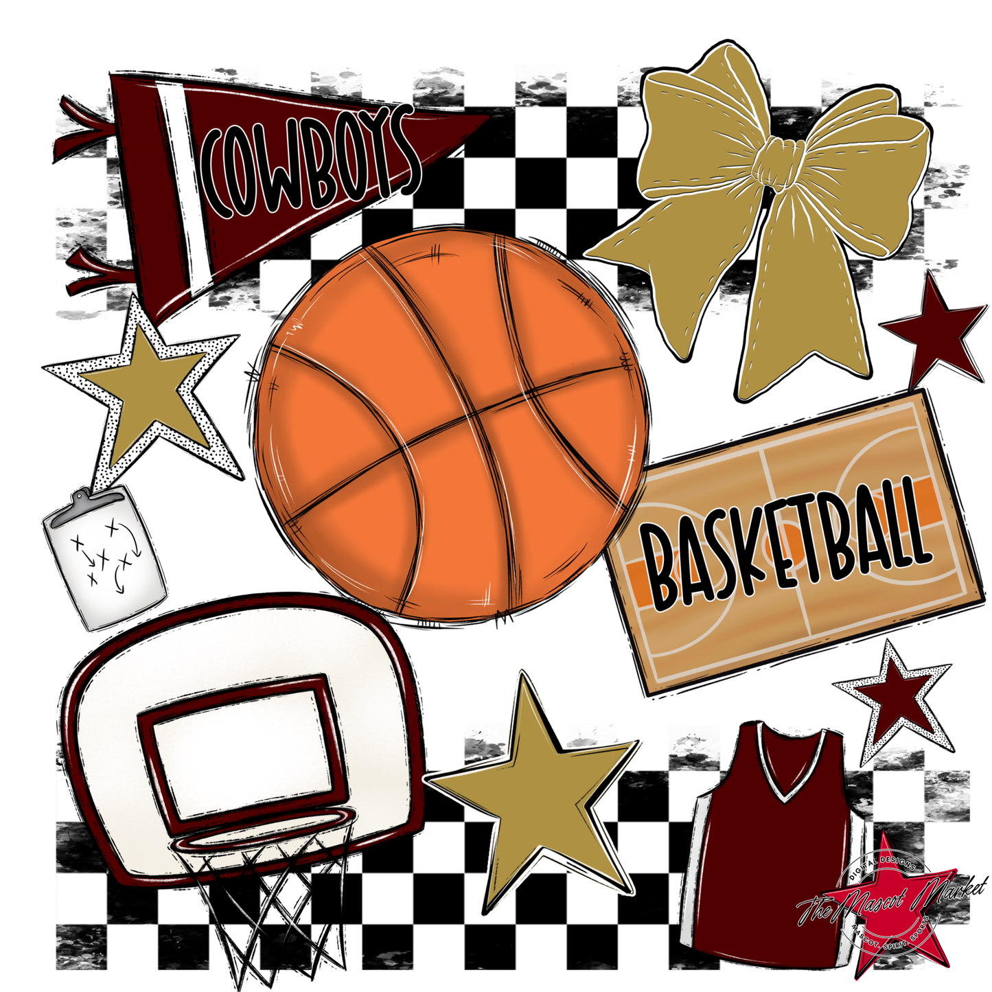 Cowboys Checkers Basketball Spirit Design-Maroon-Gold