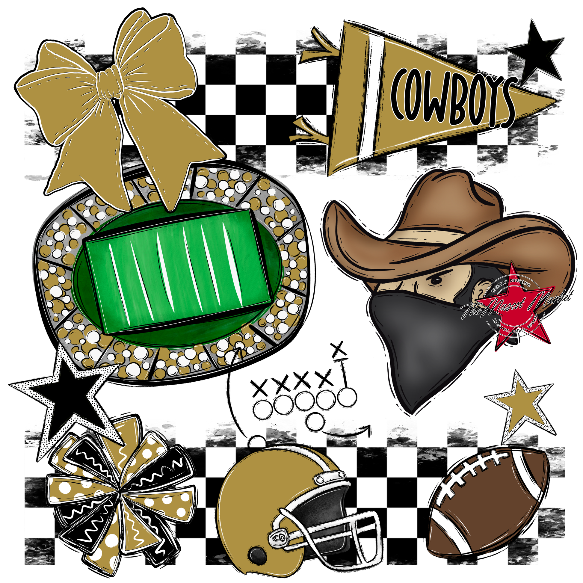 Cowboys Checkers Mascot Spirit Design-Gold