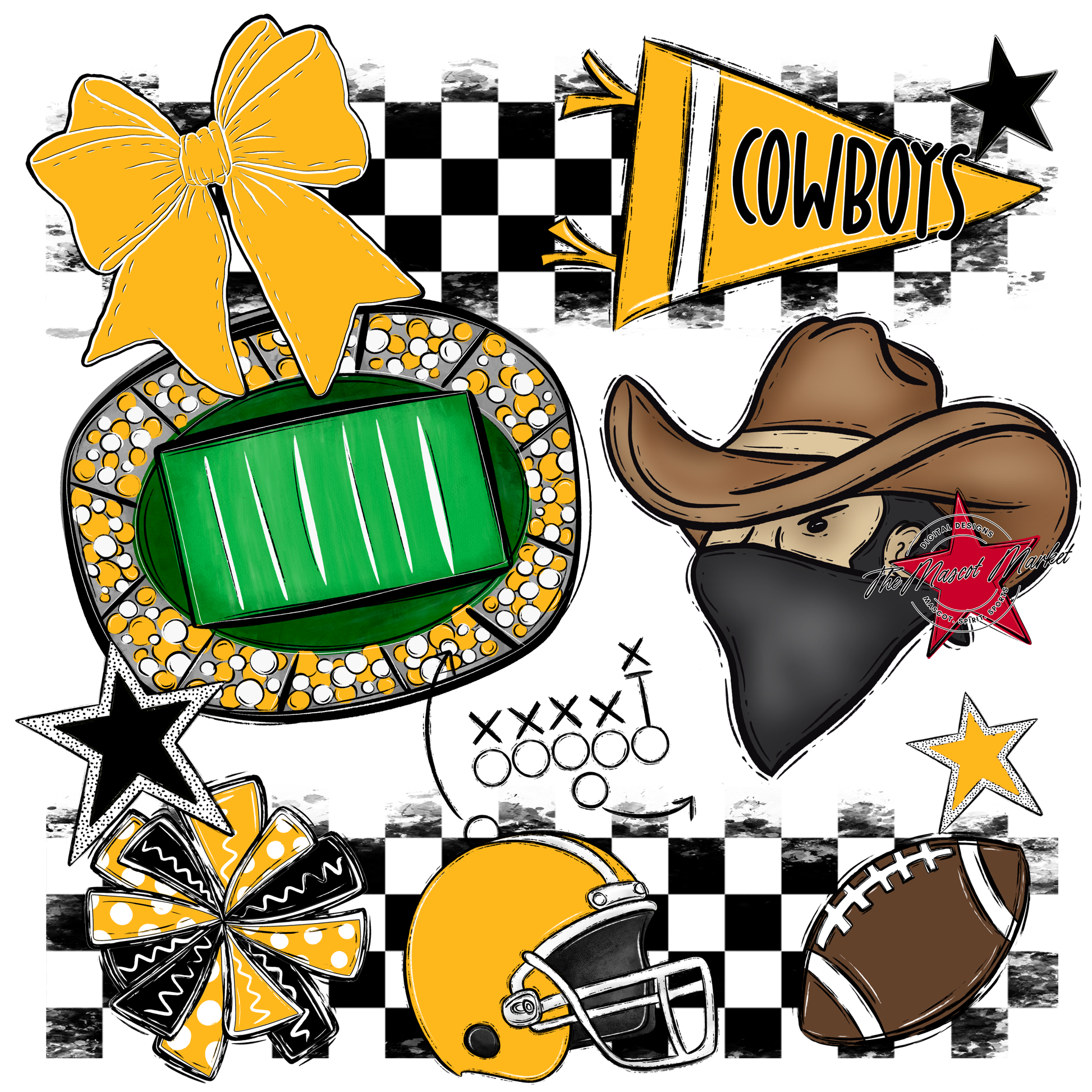 Cowboys Checkers Mascot Spirit Design-Yellow