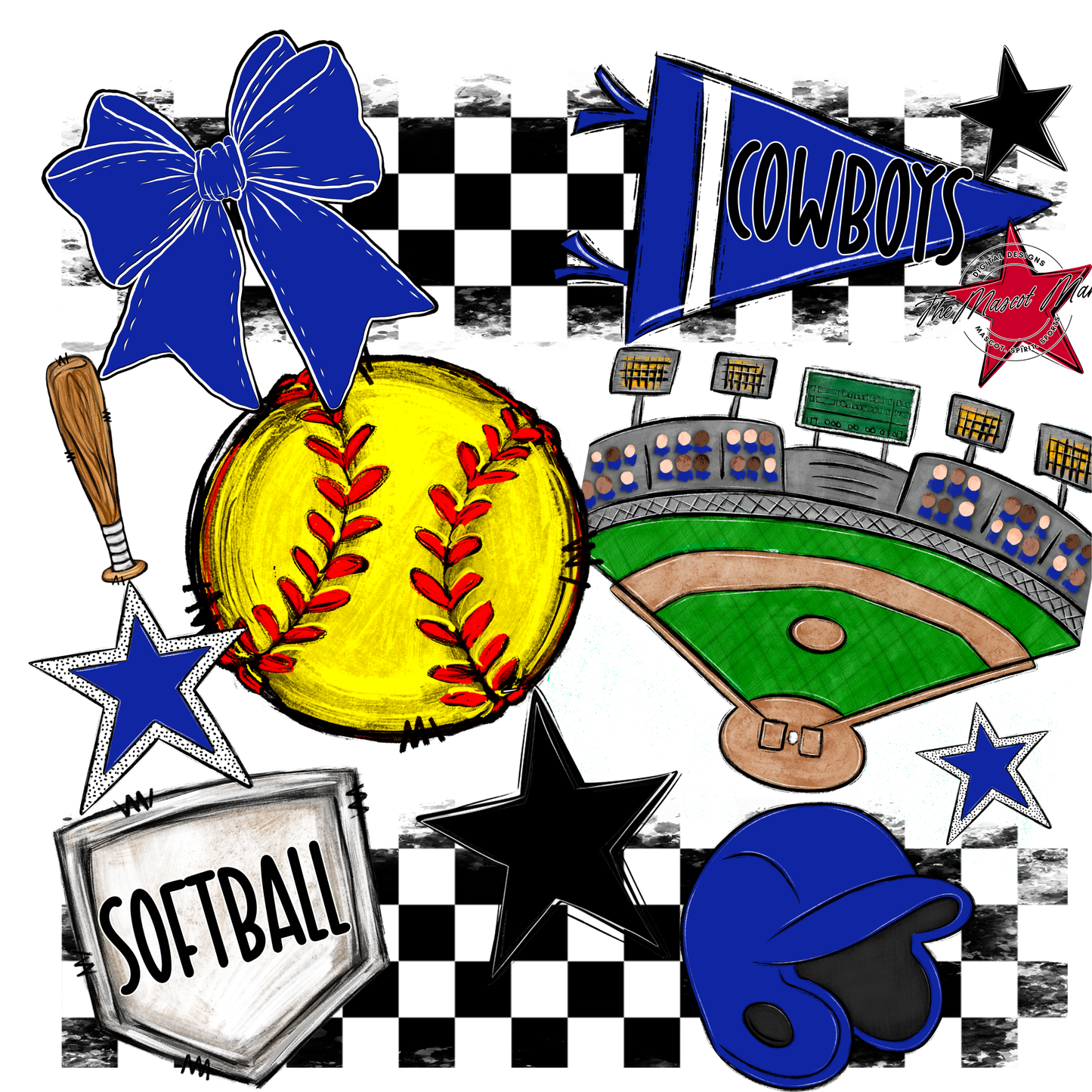 Cowboys Checkers Softball Spirit Design-Royal Blue