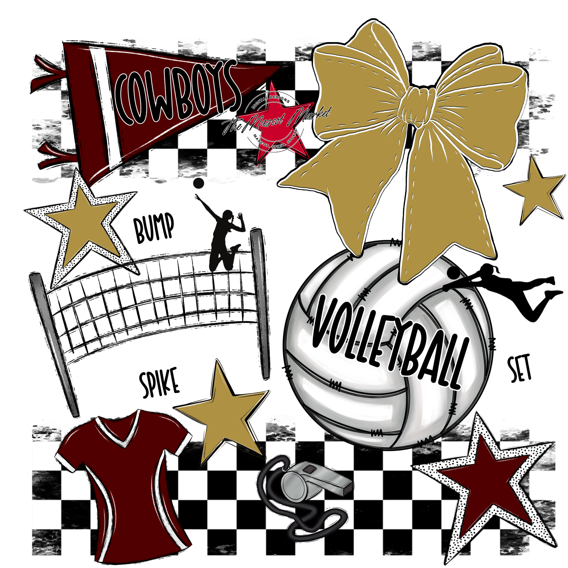 Cowboys Checkers Volleyball Spirit Design-Maroon-Gold
