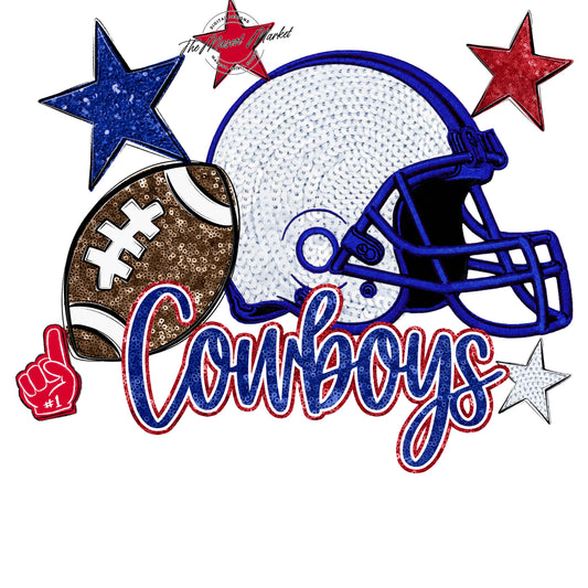 Cowboys Football Embroidered Sequins Design-Blue & Red