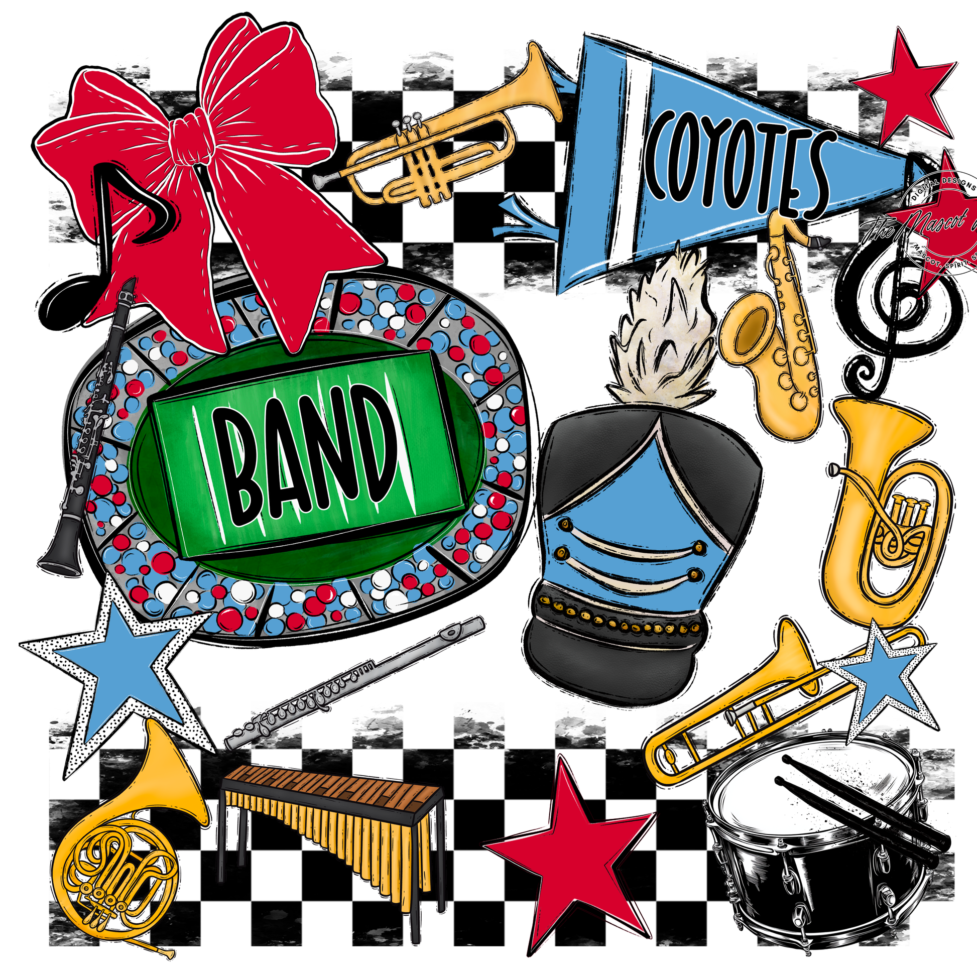 Coyotes Checkers Band Spirit Design-Carolina Blue-Red