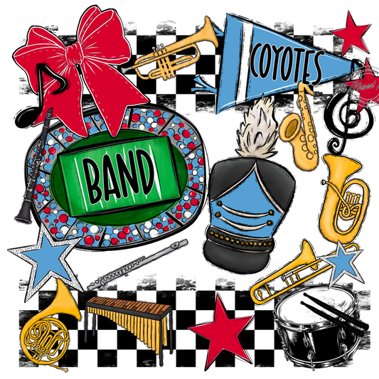 Coyotes Checkers Band Spirit Design-Carolina Blue-Red