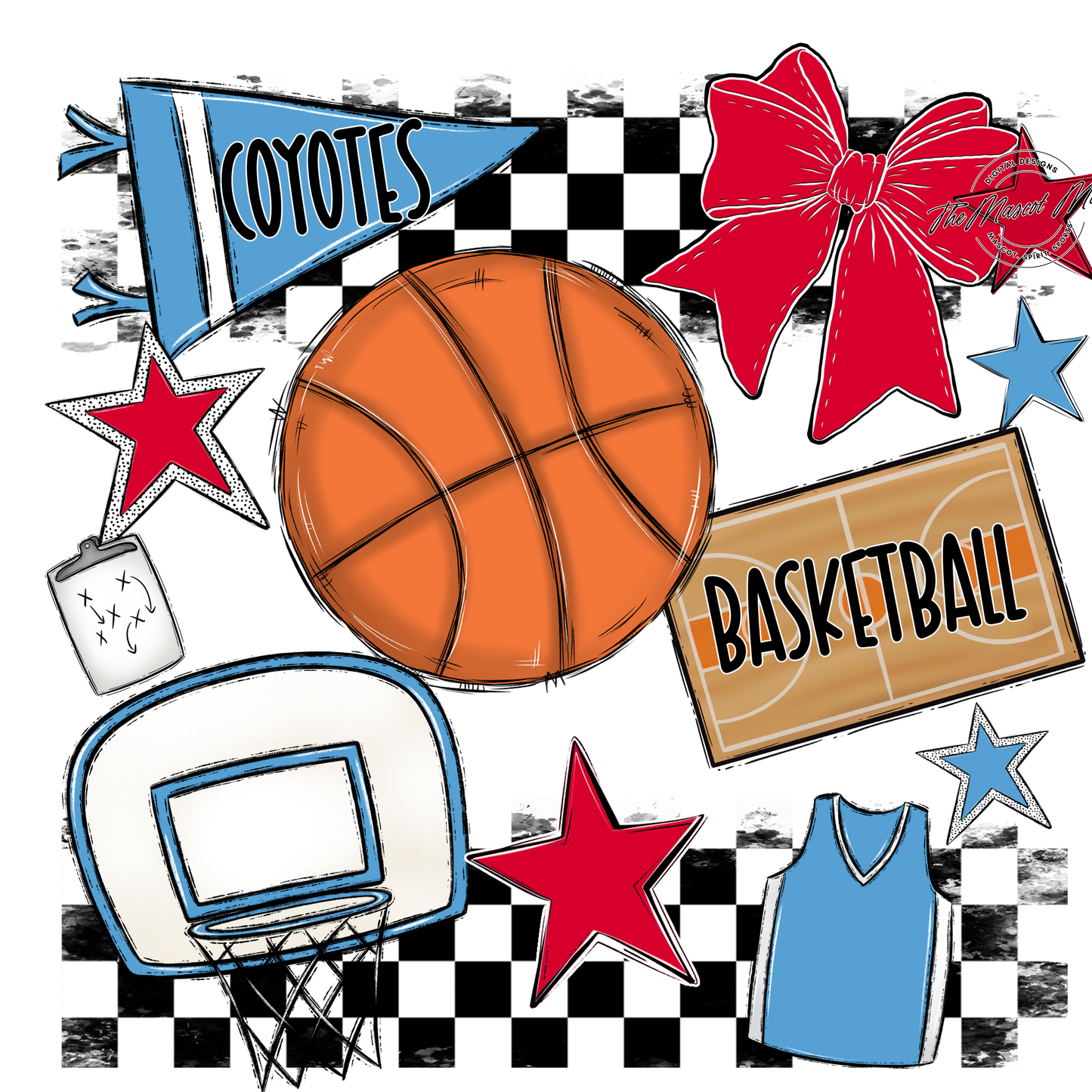 Coyotes Checkers Basketball Spirit Design-Carolina Blue-Red