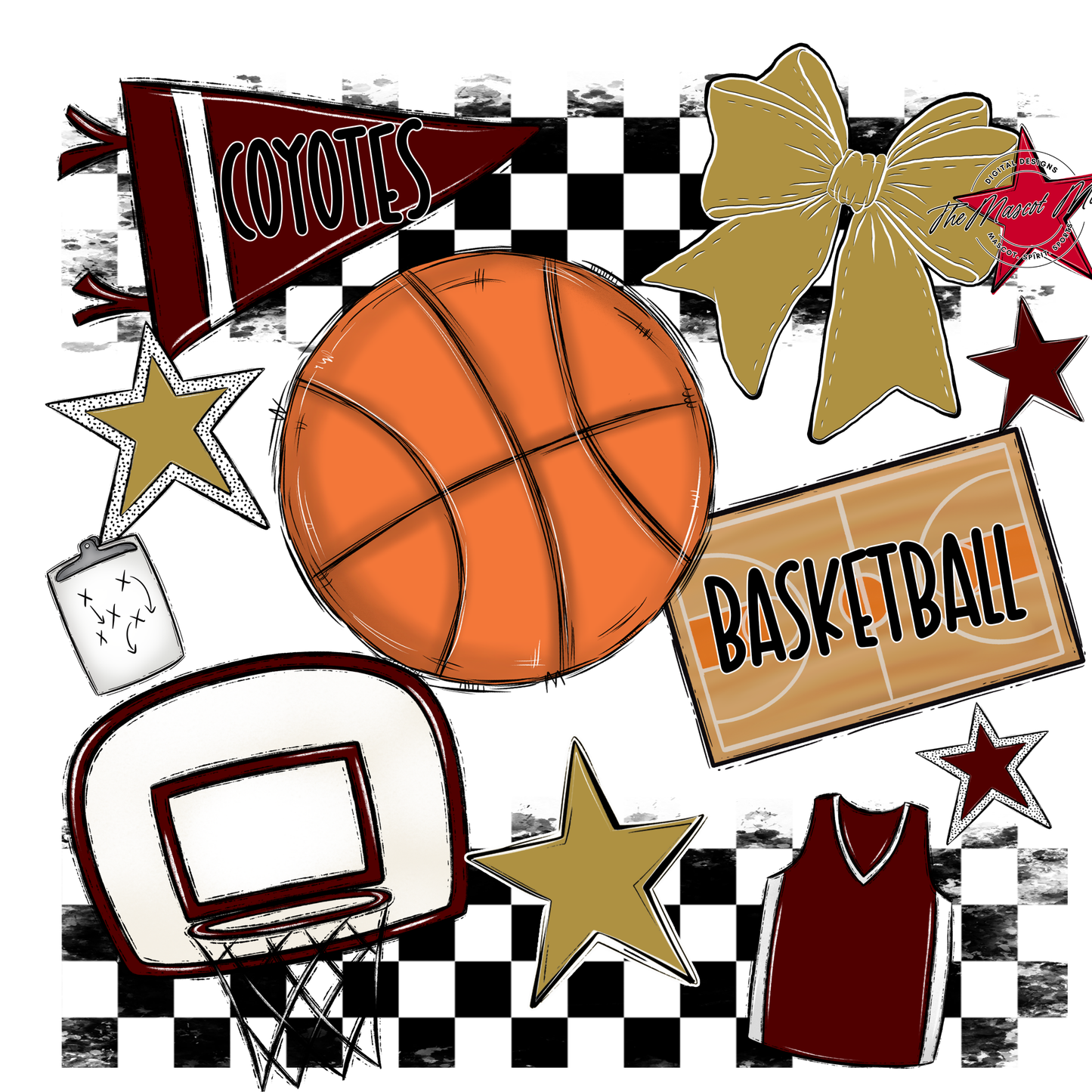 Coyotes Checkers Basketball Spirit Design-Maroon-Gold