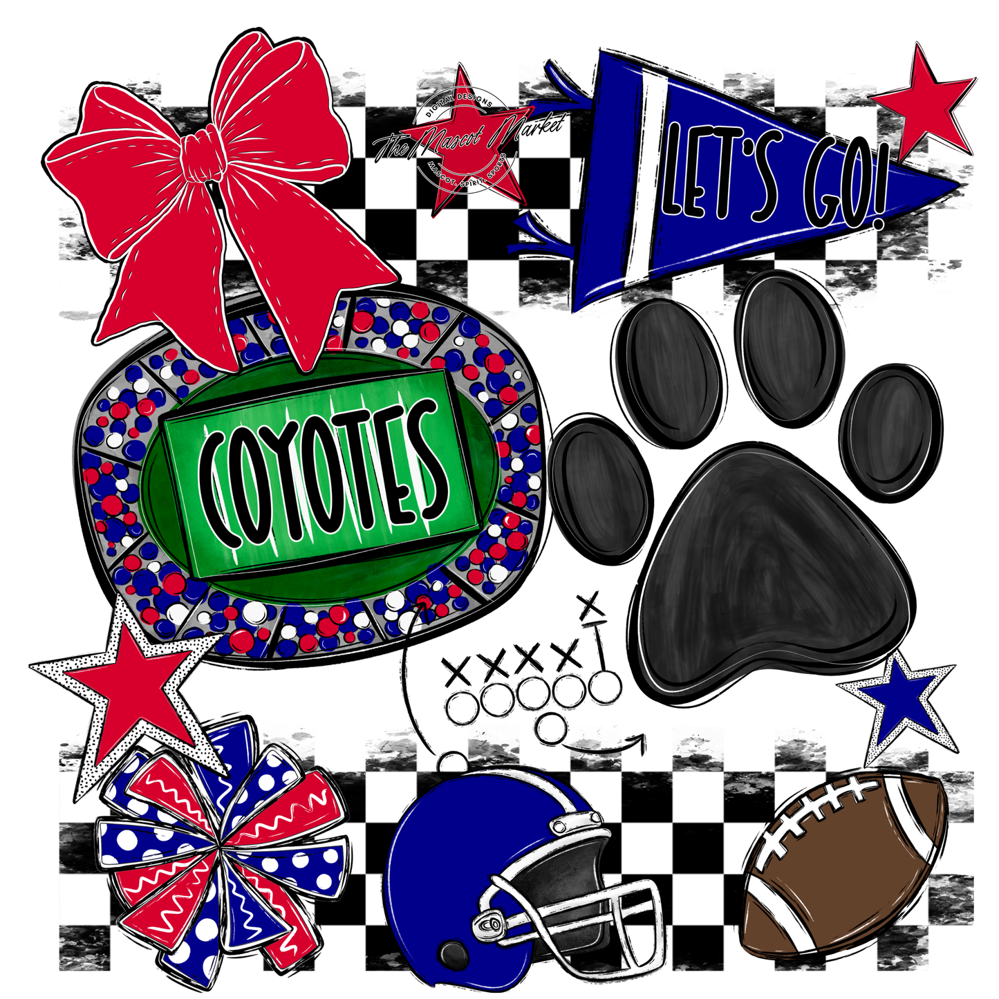 Coyotes Checkers Mascot Spirit Design w Paw-Blue-Red