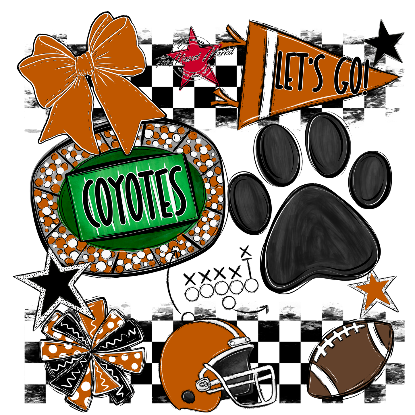 Coyotes Checkers Mascot Spirit Design w Paw-Burnt Orange