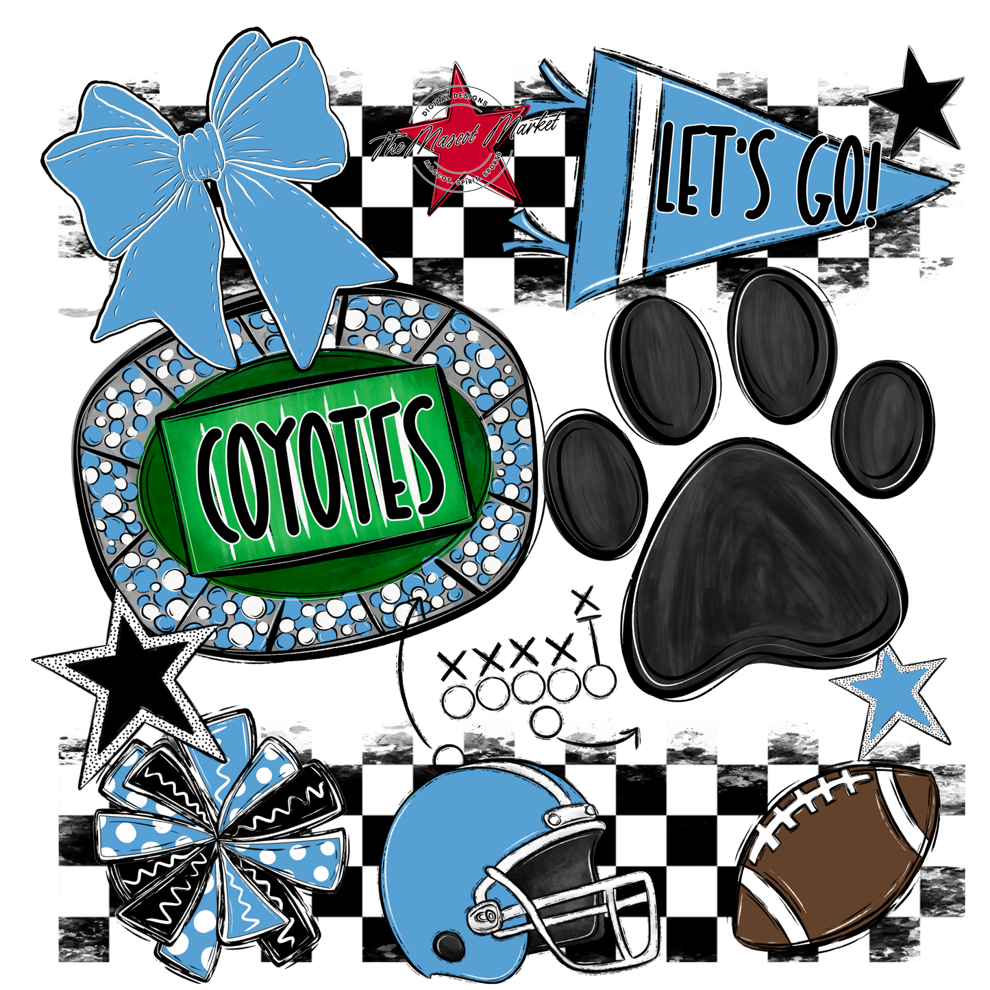 Coyotes Checkers Mascot Spirit Design w Paw-Carolina Blue