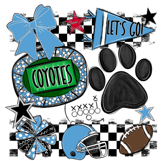 Coyotes Checkers Mascot Spirit Design w Paw-Carolina Blue