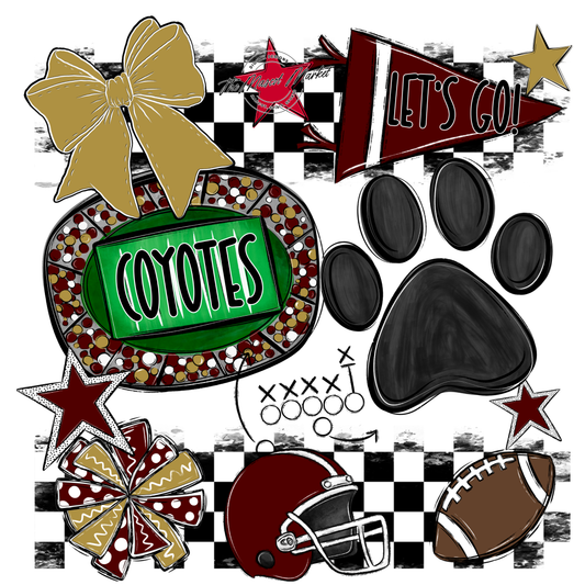 Coyotes Checkers Mascot Spirit Design w Paw-Maroon-Gold