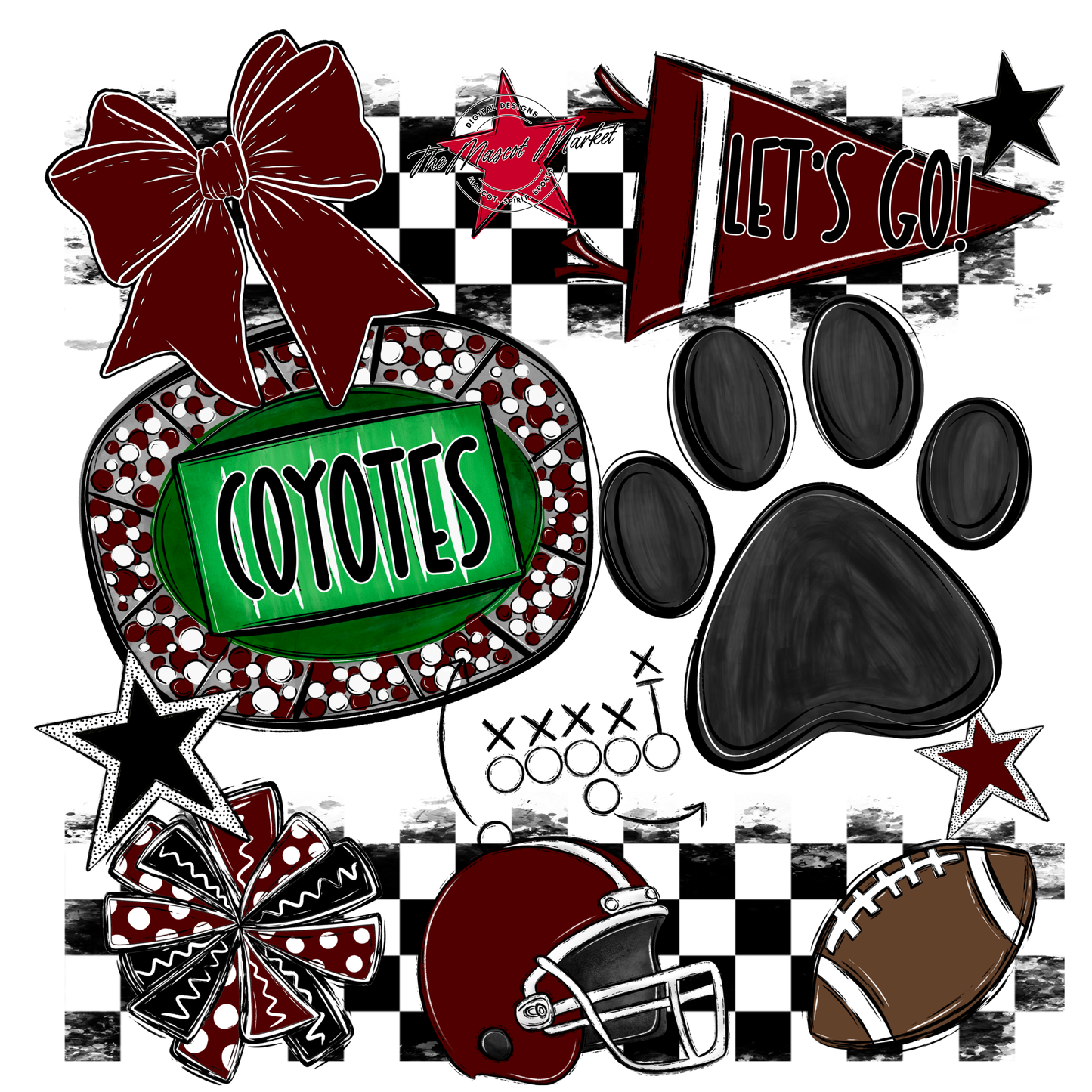 Coyotes Checkers Mascot Spirit Design w Paw-Maroon