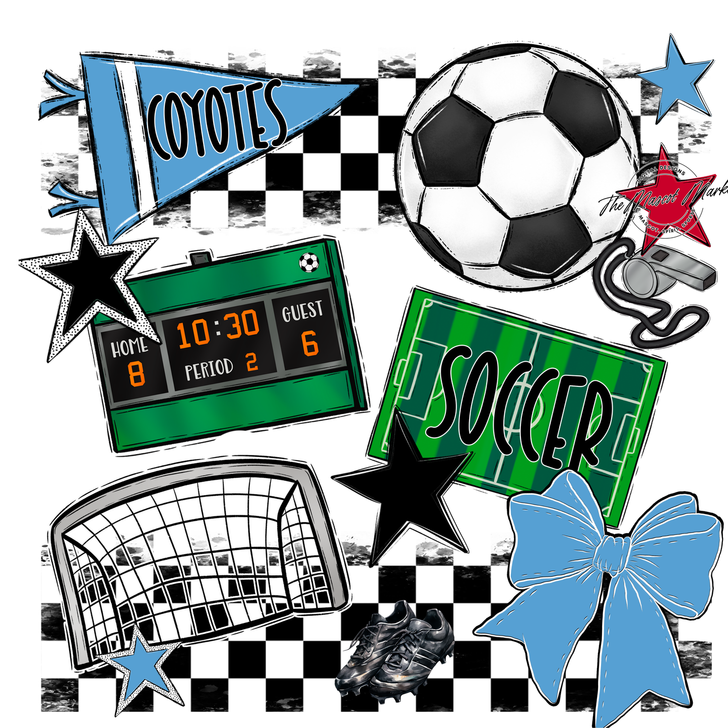 Coyotes Checkers Soccer Spirit Design-Carolina Blue