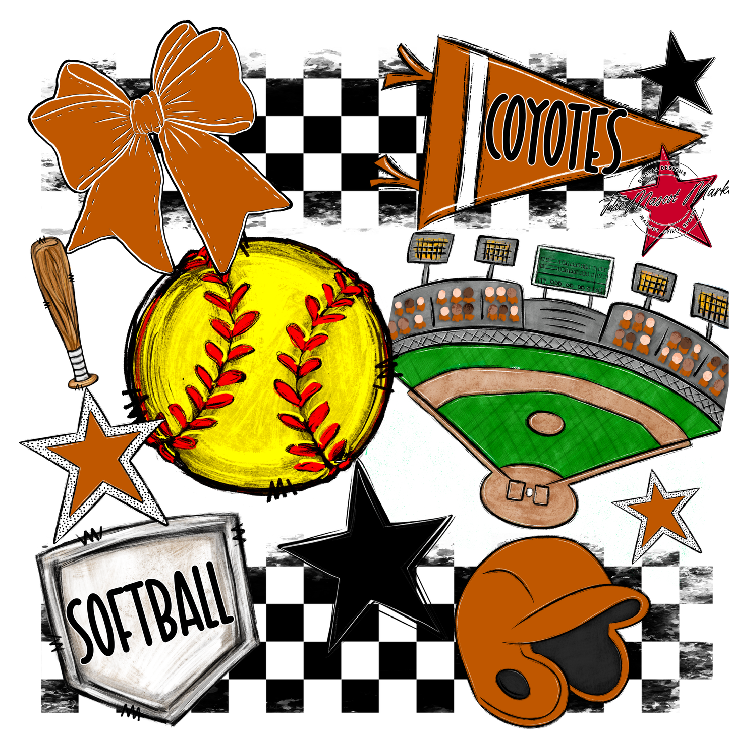 Coyotes Checkers Softball Spirit Design-Burnt Orange