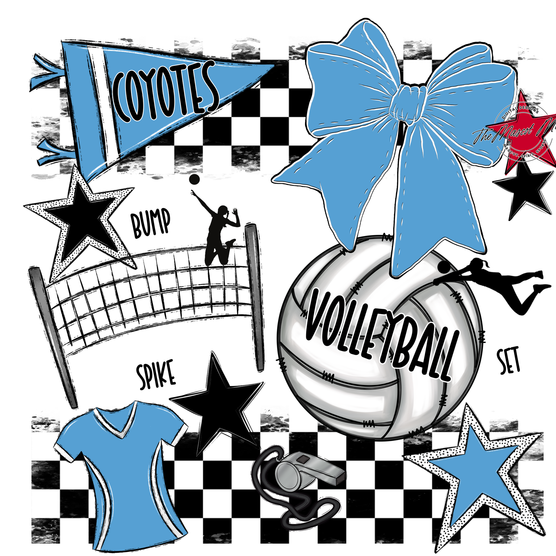 Coyotes Checkers Volleyball Spirit Design-Carolina Blue