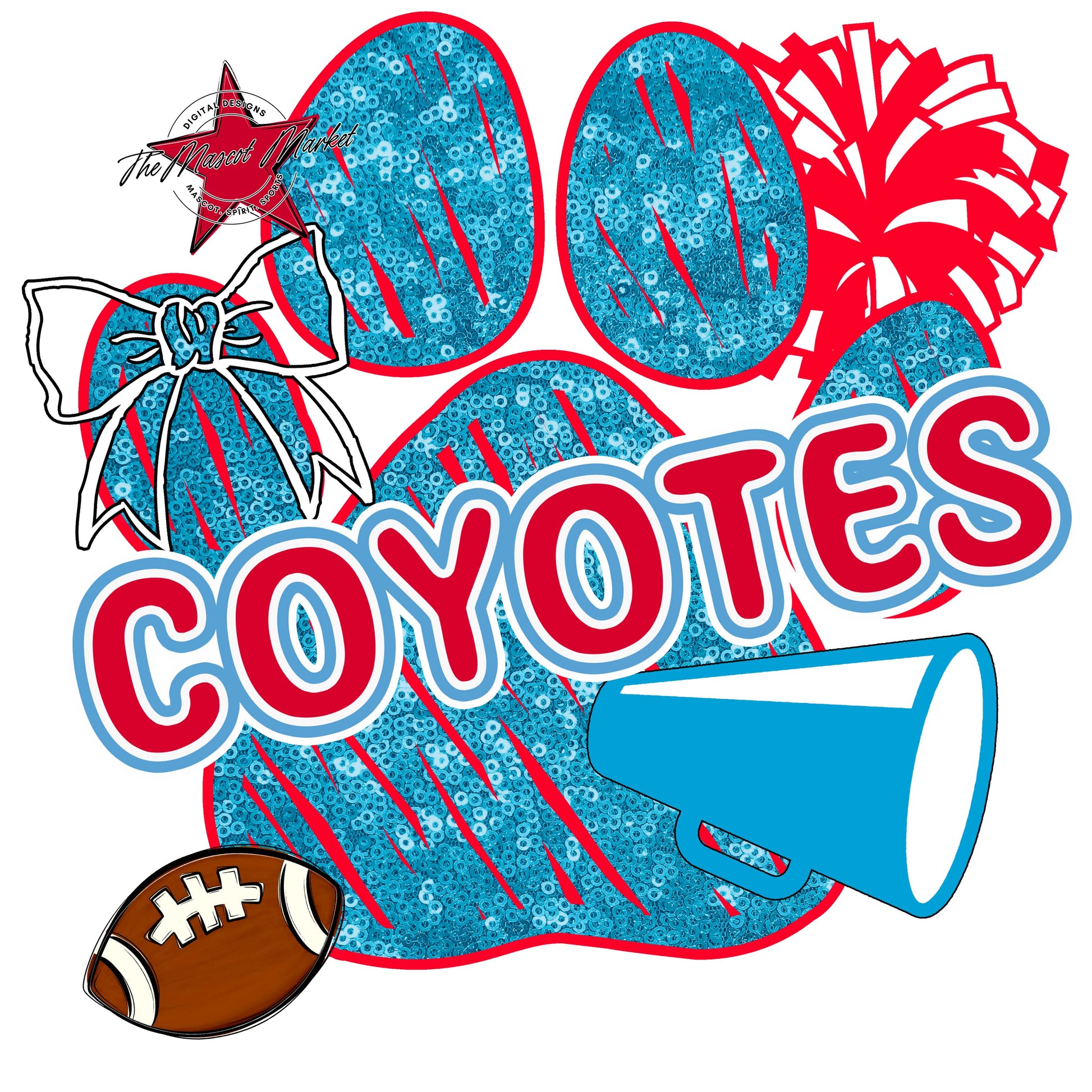 Coyotes Sequins Paw Print Design-Carolina Blue & Red