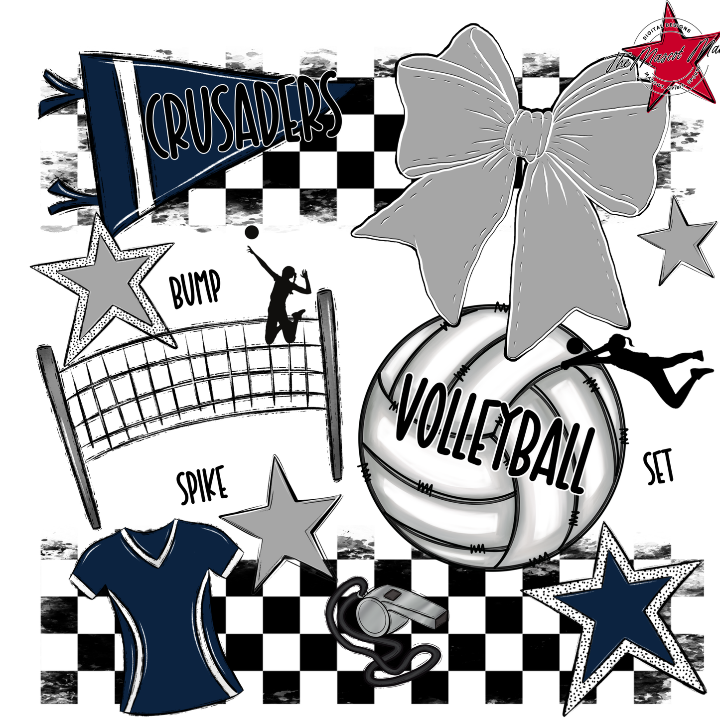 Crusaders Checkers Volleyball Spirit Design-Navy-Grey