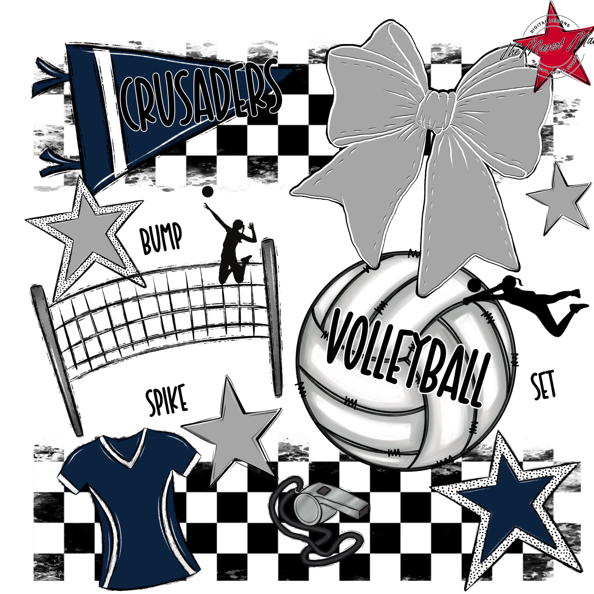 Crusaders Checkers Volleyball Spirit Design-Navy-Grey
