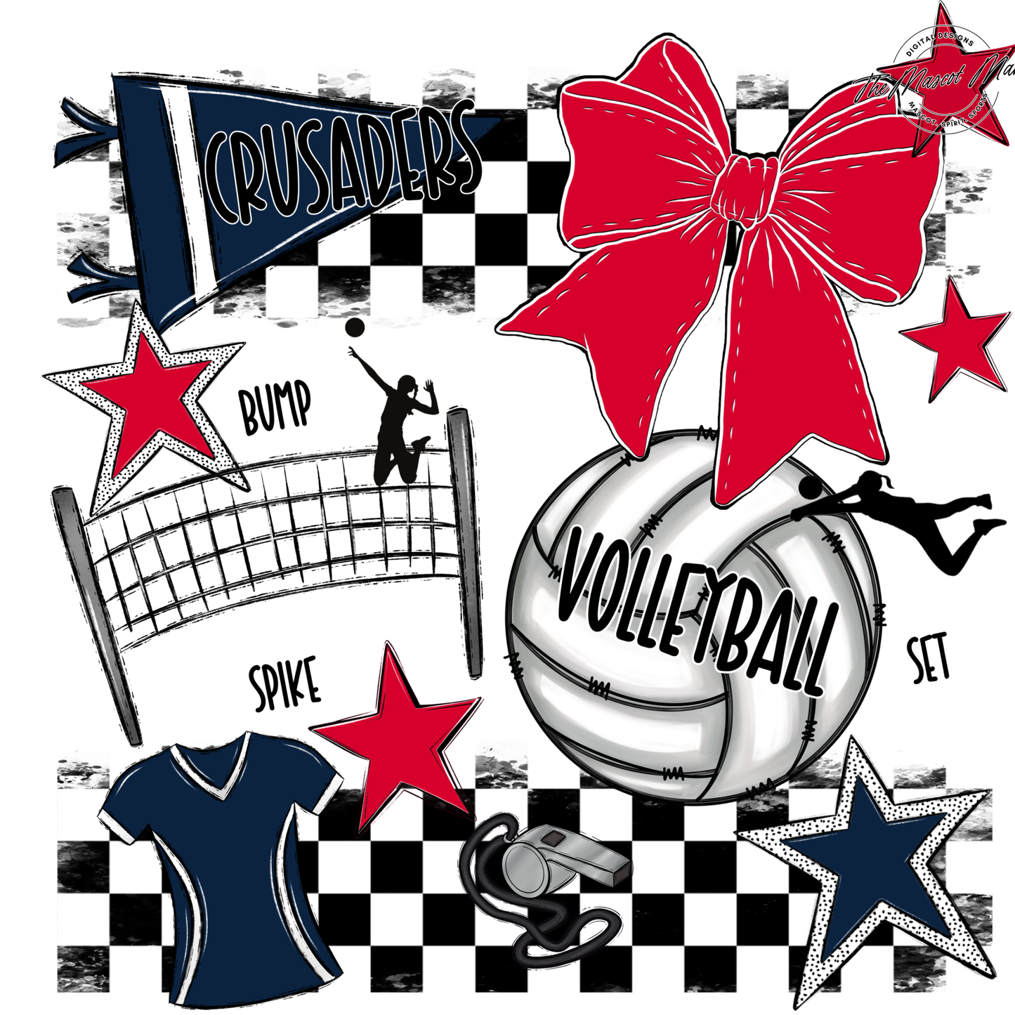 Crusaders Checkers Volleyball Spirit Design-Navy-Red
