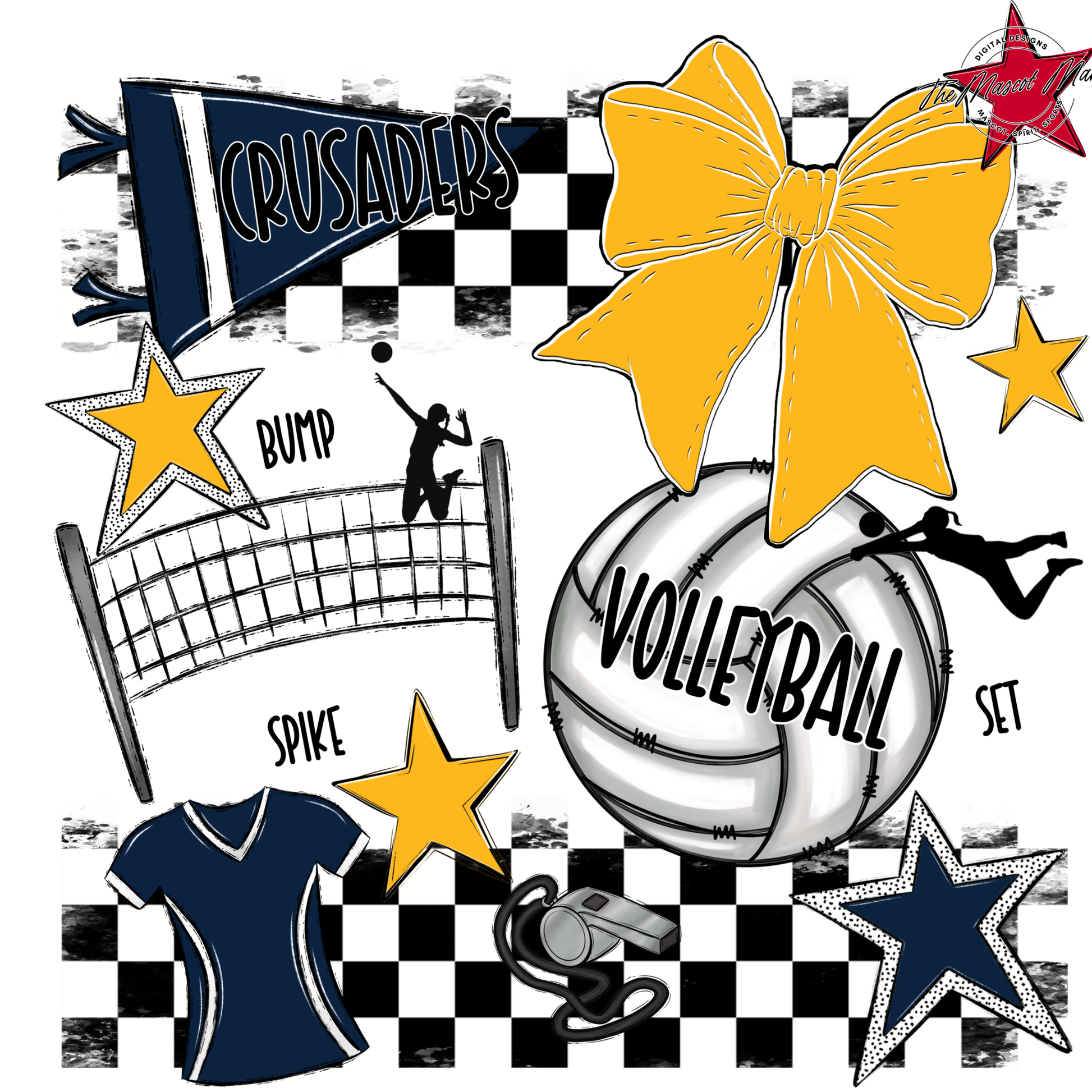 Crusaders Checkers Volleyball Spirit Design-Navy-Yellow