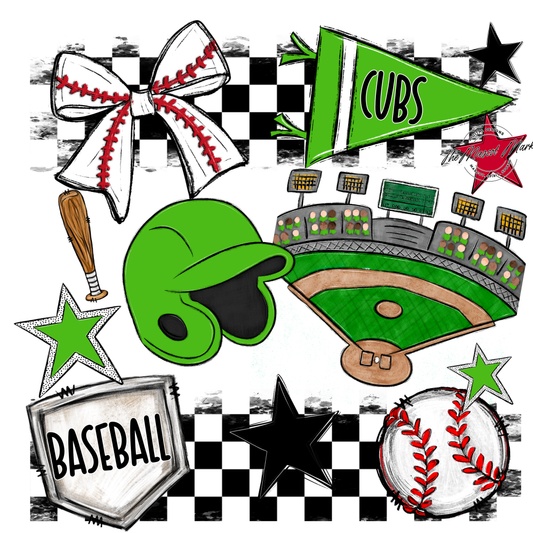 Cubs Checkers Baseball Spirit Design-Bright Green