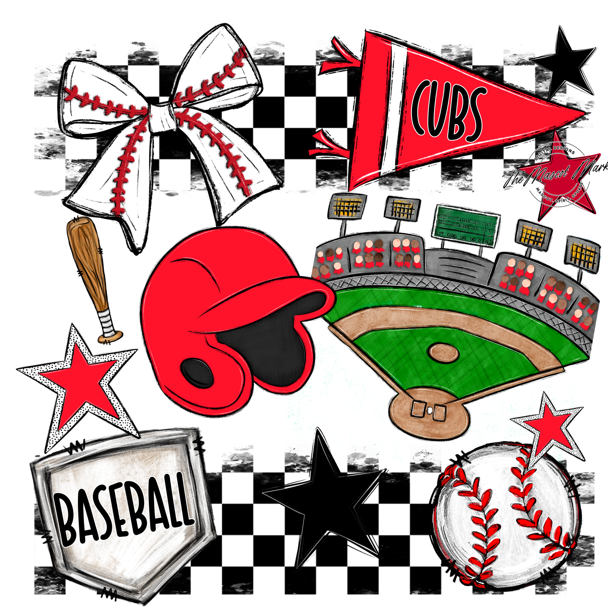 Cubs Checkers Baseball Spirit Design-Bright Red