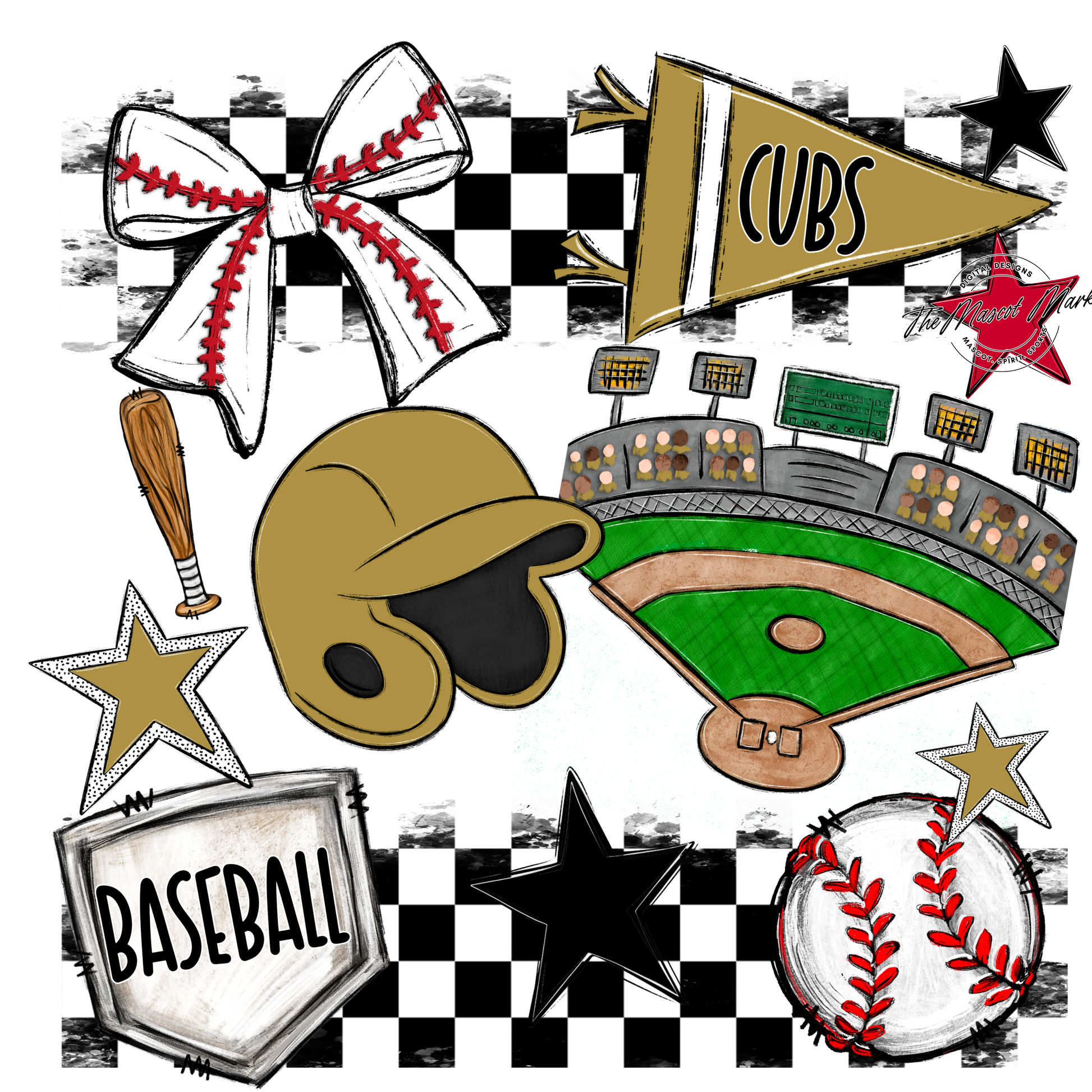Cubs Checkers Baseball Spirit Design-Gold