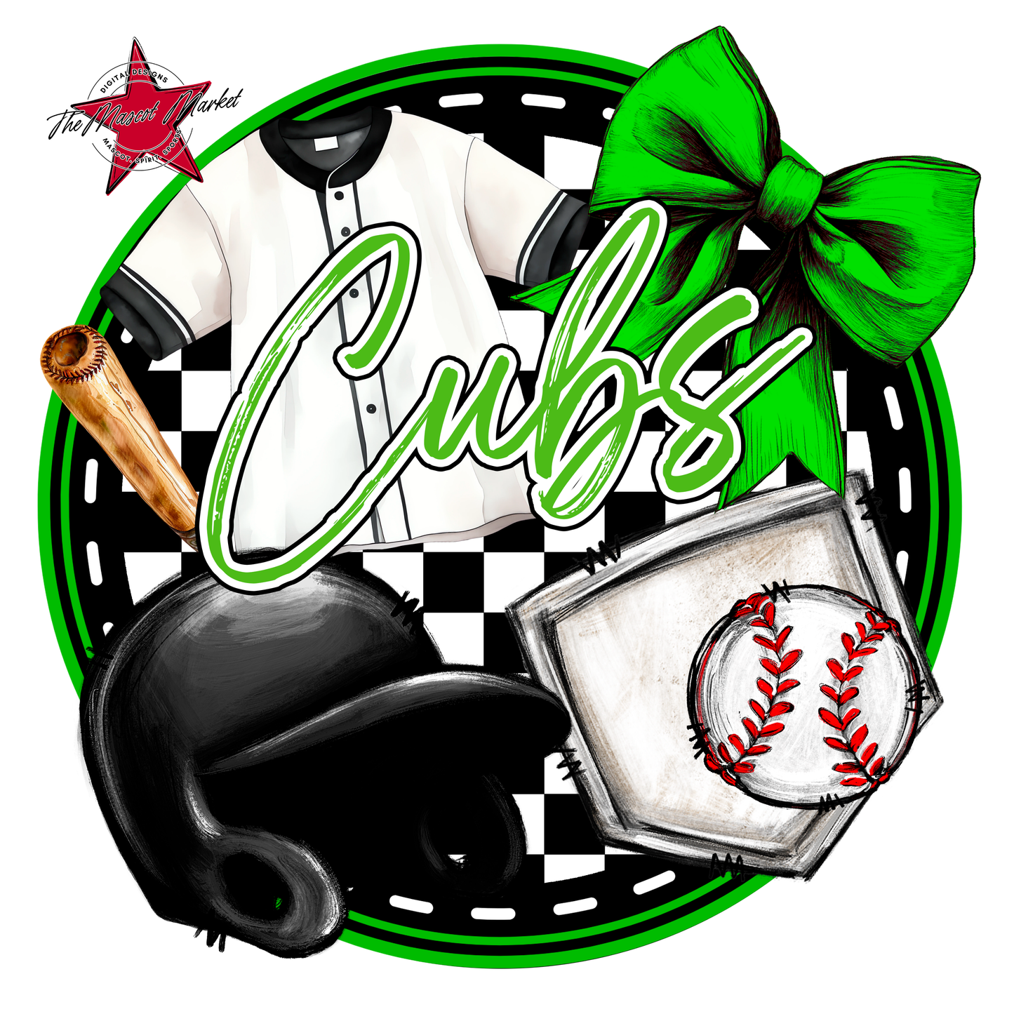 Cubs Circle Baseball Design-Bright Green