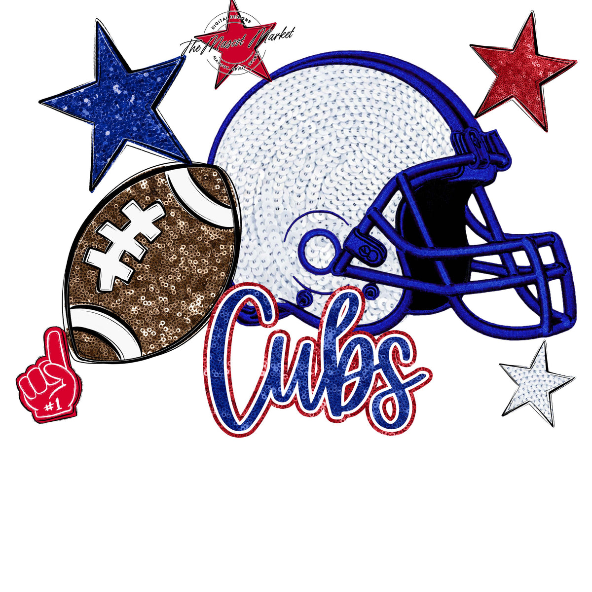 Cubs Football Embroidered Sequins Design-Blue & Red