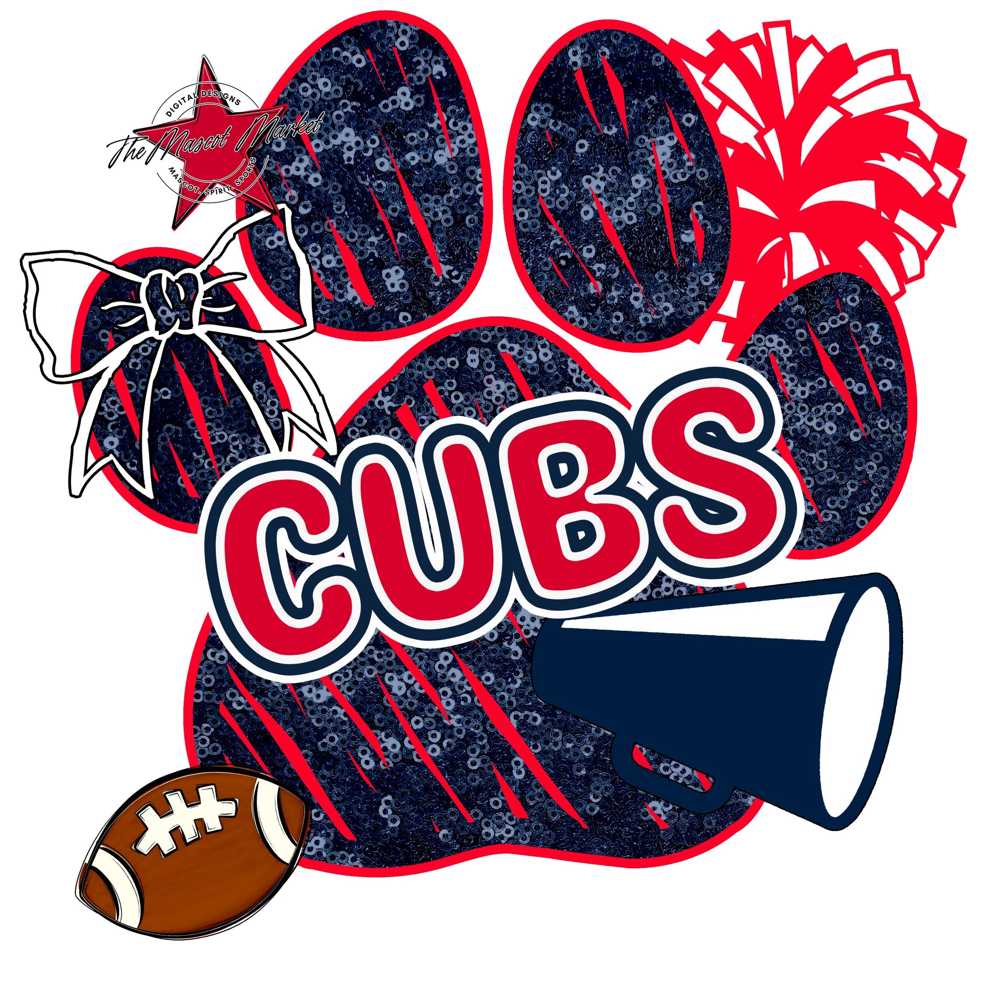 Cubs Sequins Paw Print Design-Navy & Red